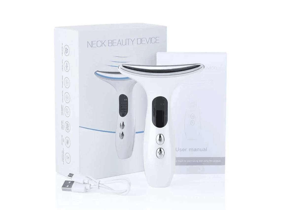 Massageador Ems para Pescoço e Rosto , Luzes Led Tricolores, Vibração Elétrica, Aquecimento e Pressurização, Bateria Incluída. MDUG (branco)