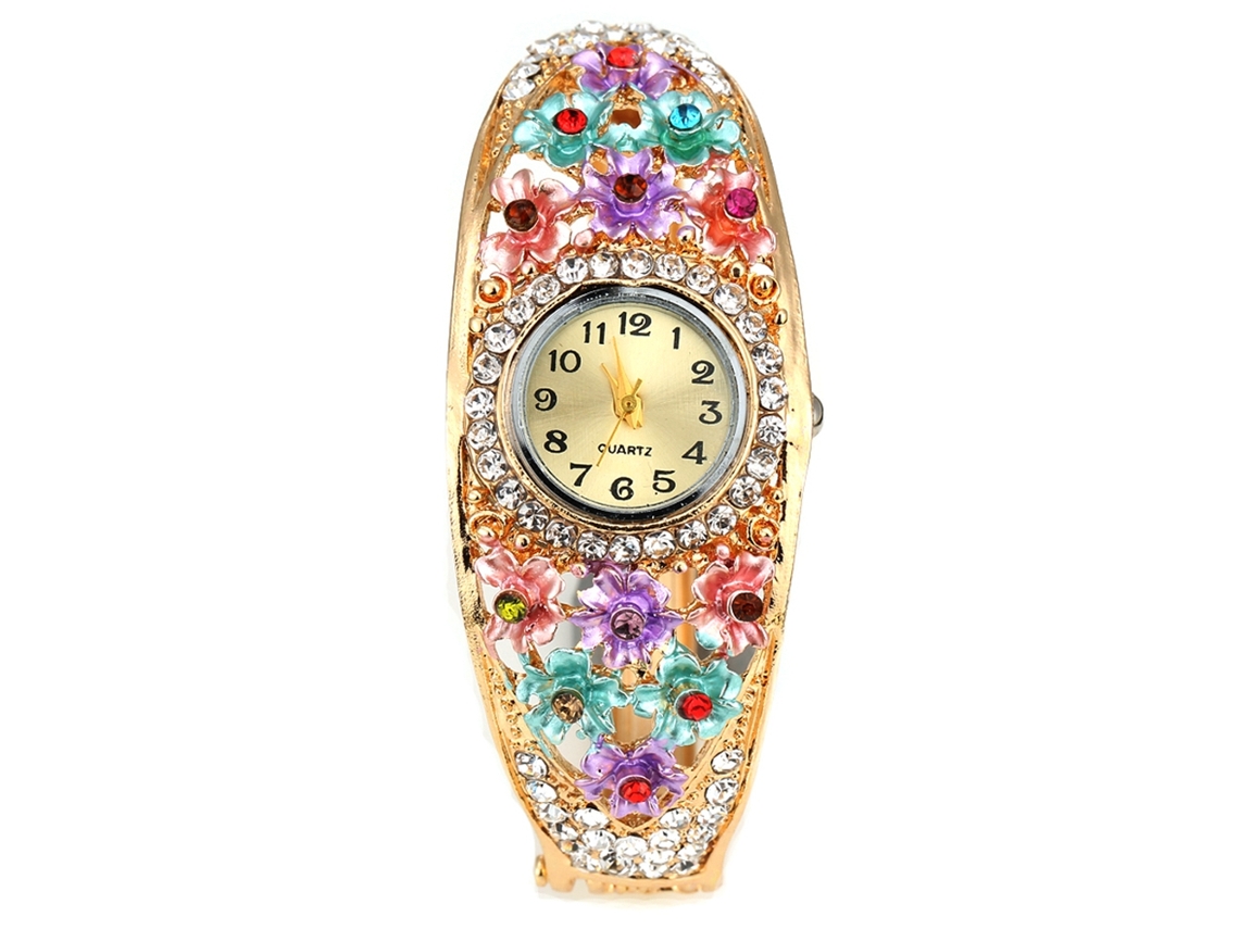 Relógio de Pulseira Feminino com Quartzo e Rhinestones Moda Elegante Retrô de Liga