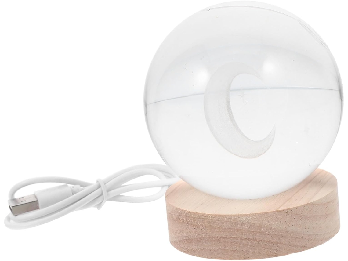 Luminária Noturna 3d Em Formato De Lua Com Bola Cristal Base Madeira