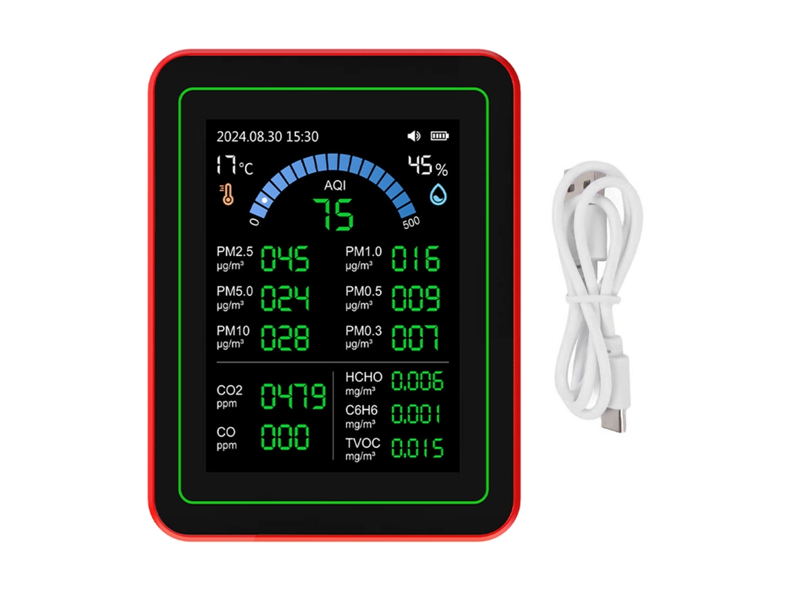Medidor de Qualidade do Ar 18 em 1 Portátil Bateria Co2 Tvoc Hcho Pm2.5 Pm10 YURU