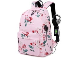 Mochila Escolar Retrô com Flores, Porta Usb, Resistente à Água, Preta | S/MARCA