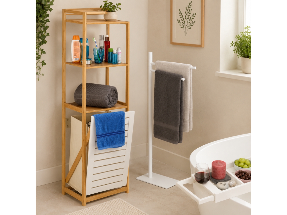 Conjunto de Arrumação para Casa de Banho Estilo Spa 3 Peças: Organizador, Cesto Roupa Suja e Toalheiro NORTHIO
