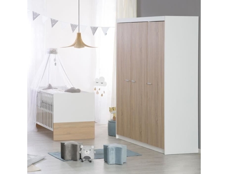 Conjunto de quarto de bebê: cama conversível 70 x 140 cm, trocador, guarda-roupa de 3 portas, Roba, decoração bicolor, branco/carvalho claro.