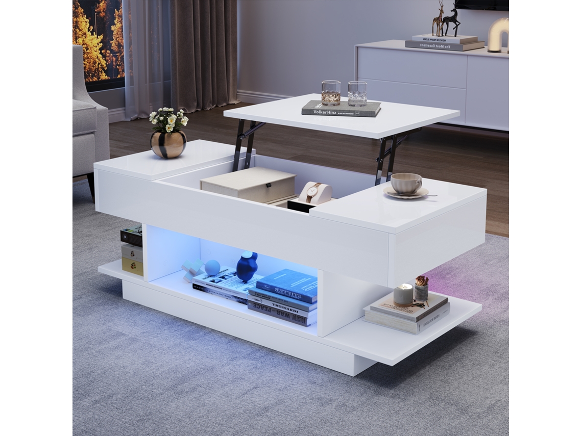 Mesa Centro Branca 98x45x40cm, Elevável, Led, 2 Armários.-hw