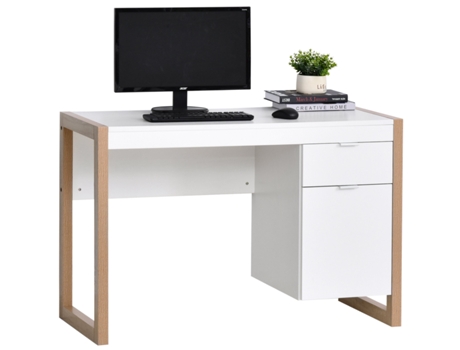 HOMCOM Mesa de escritorio com gaveta Armário Pés retangulares 112,5x50x75,5 cm Branco