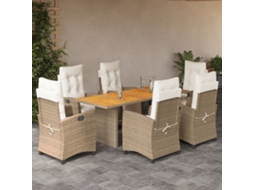 Conjunto 7 Peças Jantar P/ Jardim Com Almofadões Vime Pe Bege Dkd Home Decor
