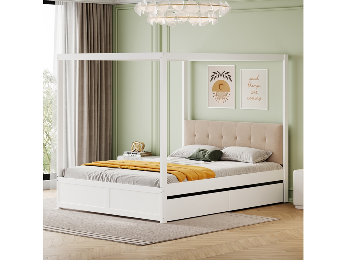 Cama Himmelbett 140x200 Cm Com Gavetas E Encosto Macio Madeira Branca