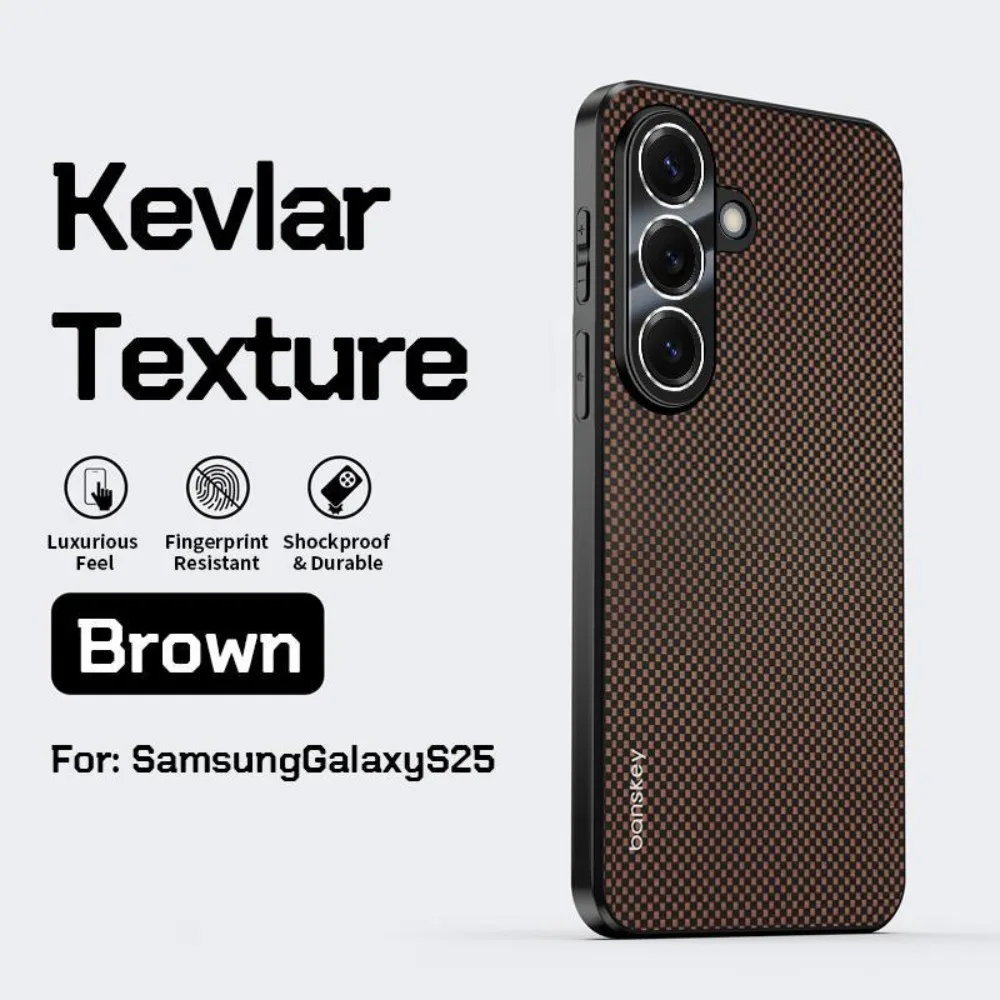 Capa Para Celular (marrom, Galaxy S25) Com Textura Clássica De Fibra De Carbono Kevlar, Acabamento Fosco E Proteção Contra Quedas.