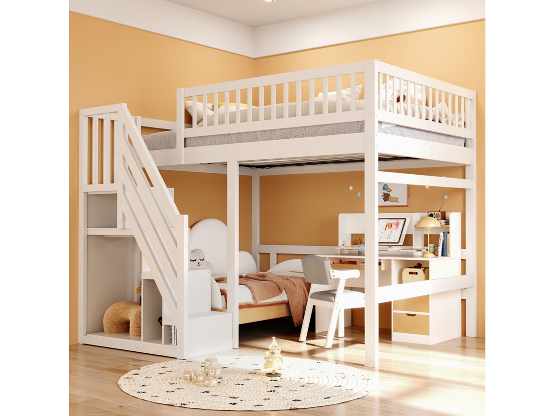 Cama Madeira 140x200 Escada Armário Corrimão Branca