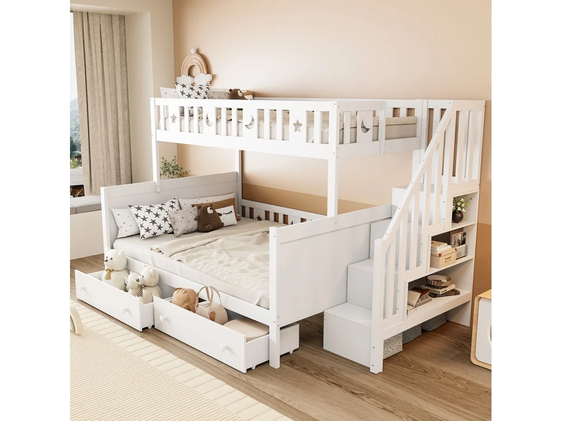 Cama Infantil 90*200/140*200cm, Beliche Feito De Madeira Maciça Com Escadas De Segurança, Duas Gavetas Grandes E Base De Ripas Brancas,-op