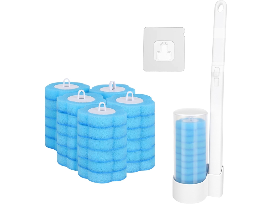 Kit de Limpeza com 32 Cabeças de Reposição para Escova Sanitária com Cabo, Suporte de Parede para Descartável e Haste Flexível AQUAFORGE