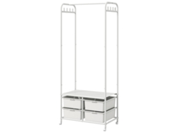 Charriot Moderno 8 Ganchos E 4 Cestos Para Armazenamento Com Rodas E Estrutura De Aço 63x37x153 Cm Branco