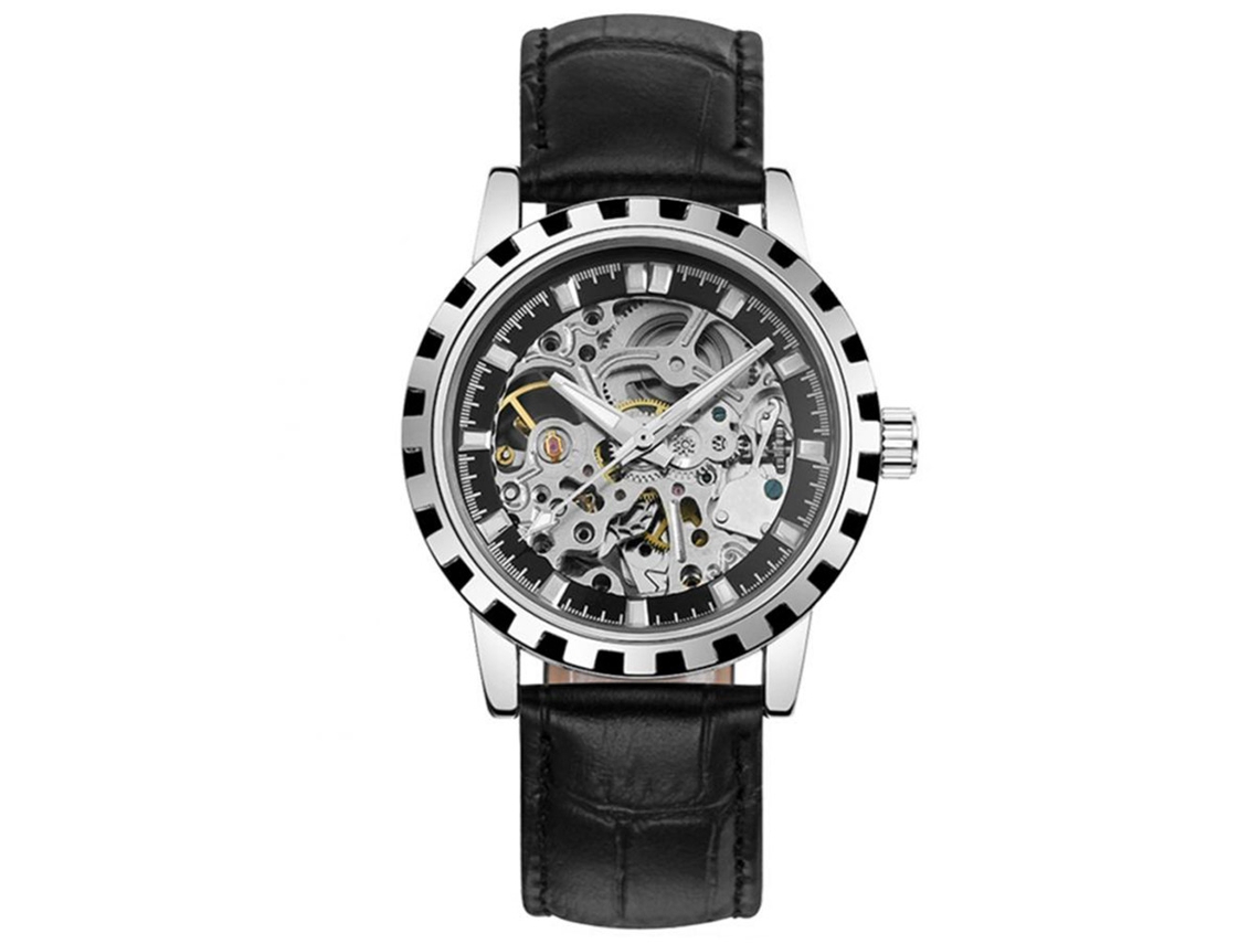 Reloj Mecánico Analógico Para Hombre Dial Redondo Correa Pu Negro