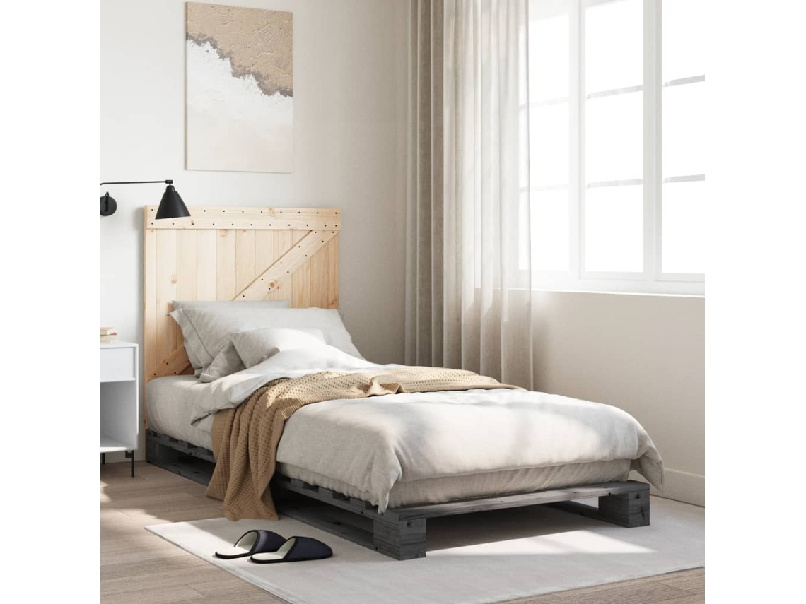Vidaxl Estrutura De Cama Com Cabeceira 90x200 Cm Pinho Maciço Cinzento