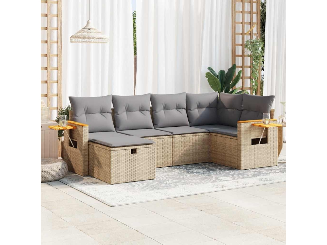 Vidaxl 6 Pcs Conjunto De Sofás P/ Jardim Com Almofadões Vime Pe Bege