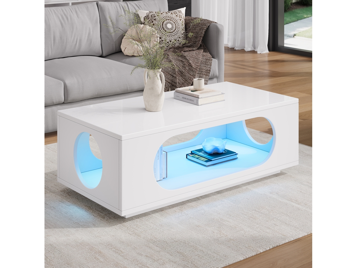 Mesa Centro Led App 100x50x35cm Mdf 30kg Branca