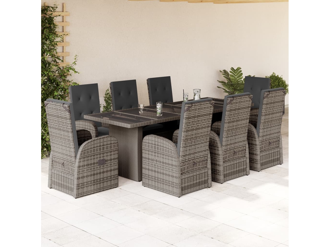 Vidaxl 9 Pcs Conjunto De Jantar P/ Jardim C/ Almofadões Vime Pe Cinza