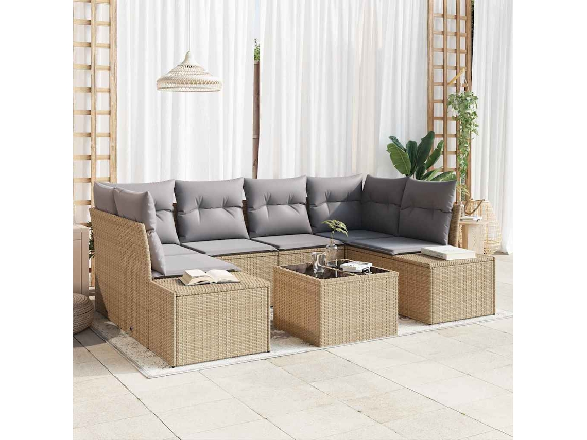 Vidaxl Conjunto de Sofá de Jardim com Almofada 7 Pcs Bege Vime Pe