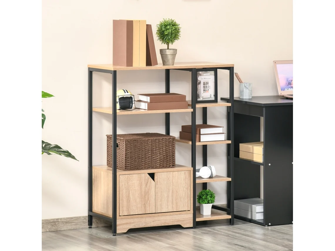 Estante para Livros com Múltiplas Prateleiras Abertas e 1 Armário C/porta Dupla Armazen. P/ Escritório Sala Estar 80x35x97cm Madeira Natural