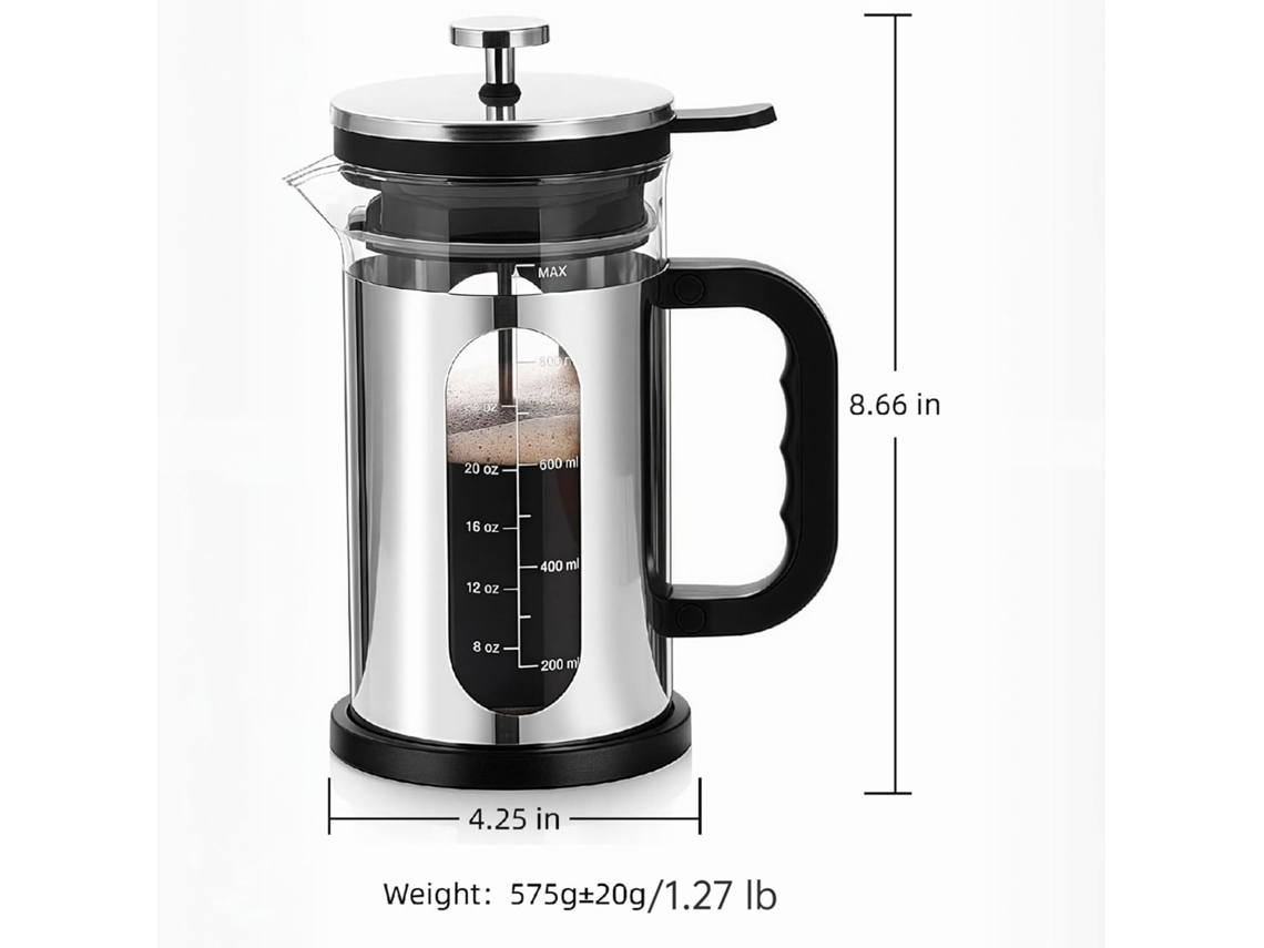 Cafeteira Tipo Prensa Francesa De 1 Litro (34 Oz) Para Café E Chá, Exterior Em Aço Inoxidável, Tampa Pressão, Livre Bpa.