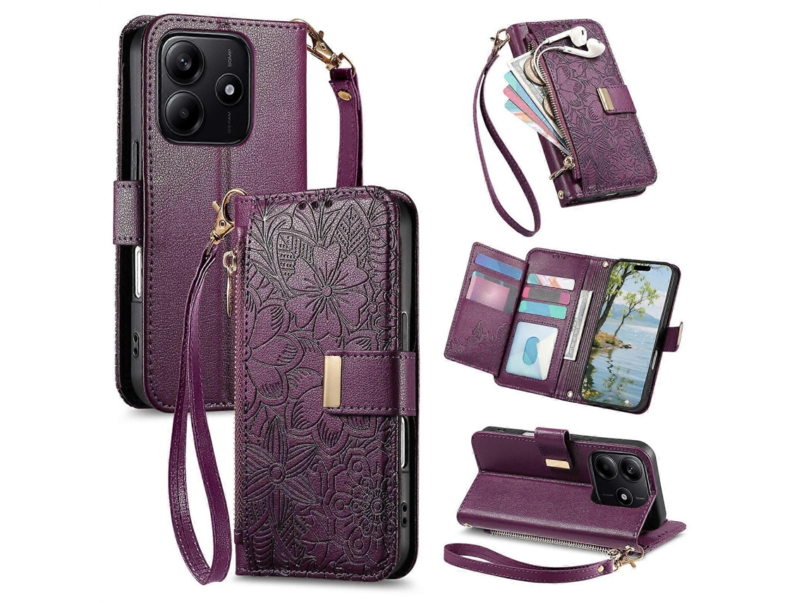 Capa Carteira De Couro Com Zíper, Estampa De Flores E Folhas, Com Alça, Para Celular Redmi Note 14 5g.