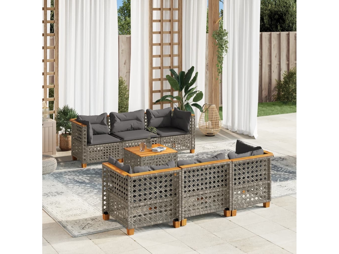 Jogo 7 Peças Sofás P/ Jardim C/ Almofadões Vime Pe Cinza Dkd Home Decor