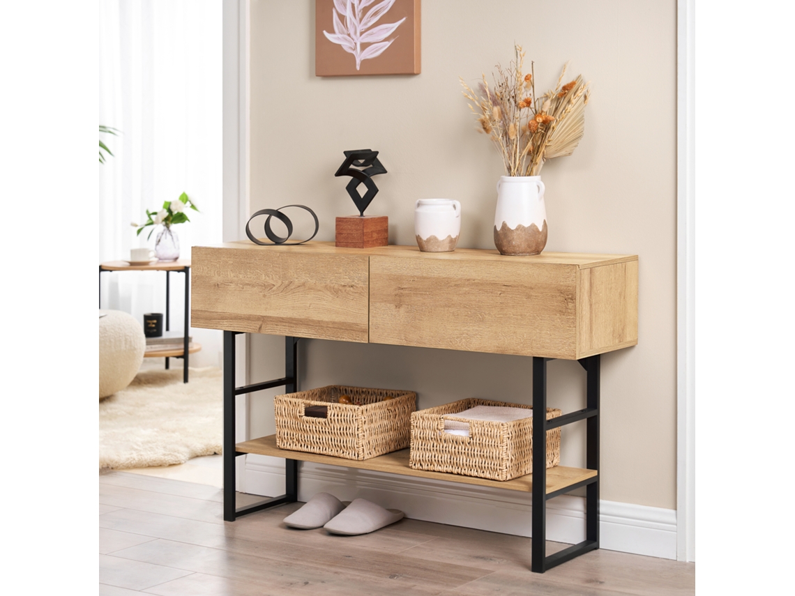 Tabela de console Varberg com 2 gavetas de metal aglomerado 75 x 120 x 30 cm de carvalho e efeito preto [EN.CASA]