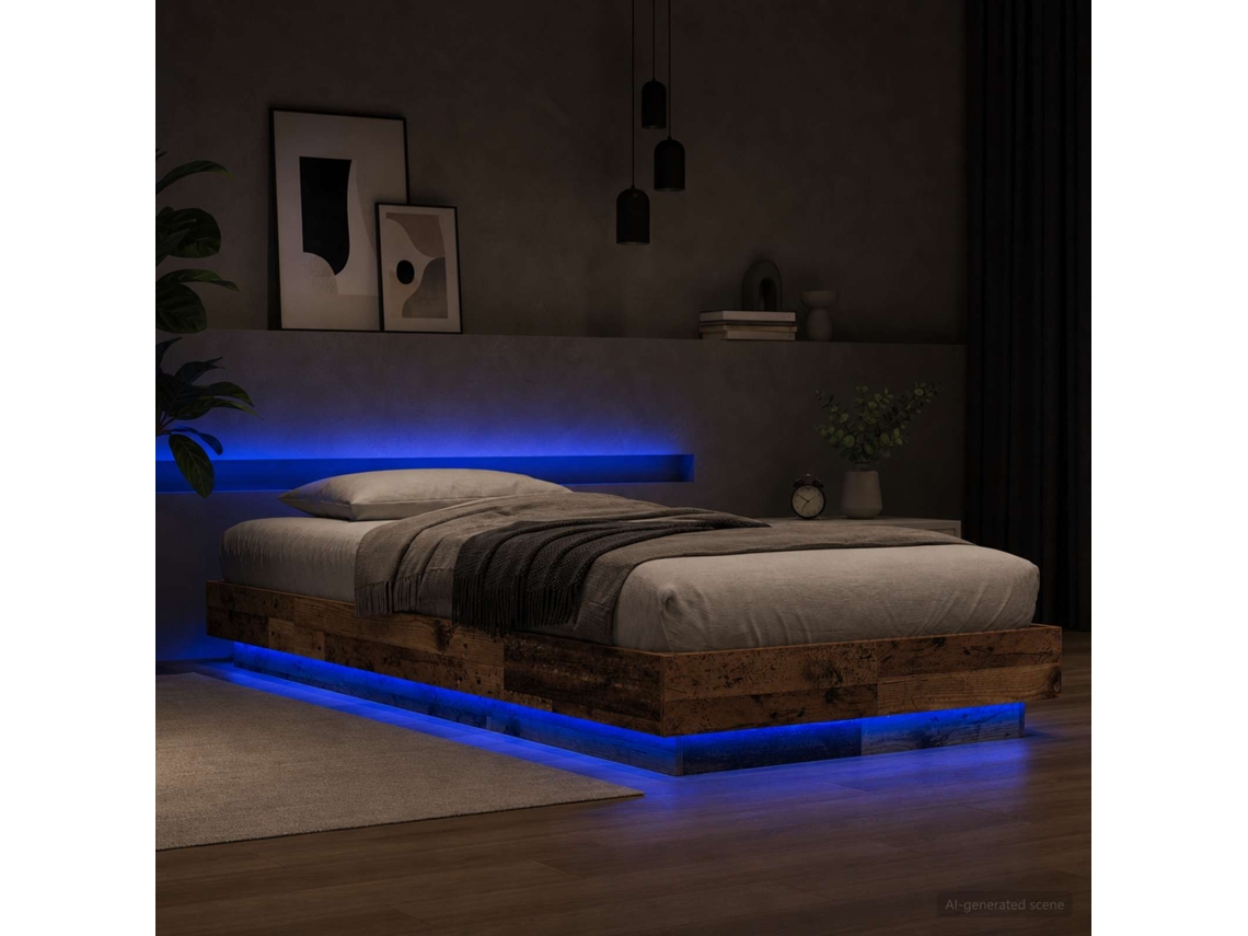 Vidaxl Estrutura De Cama Com Led Madeira Antiga 80 X 200 Cm