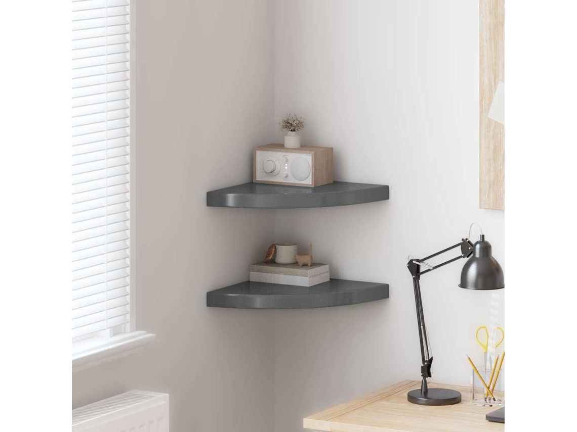 Vidaxl Prateleiras Canto Suspensas 2 Pcs 35x35x3,8cm Mdf Cinza Brilh.