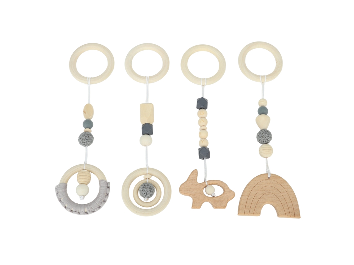 Primerox 4pcs Brinquedos Pendentes de Madeira para Carrinho de Bebê e Play Gym Cinza