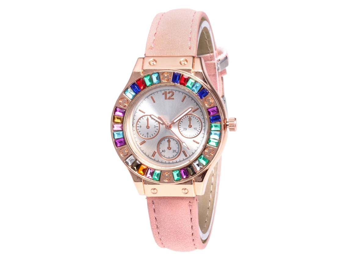 Relógio de pulso feminino Zhoulianfa com mecanismo de quartzo, strass e pulseira de couro PU (rosa)