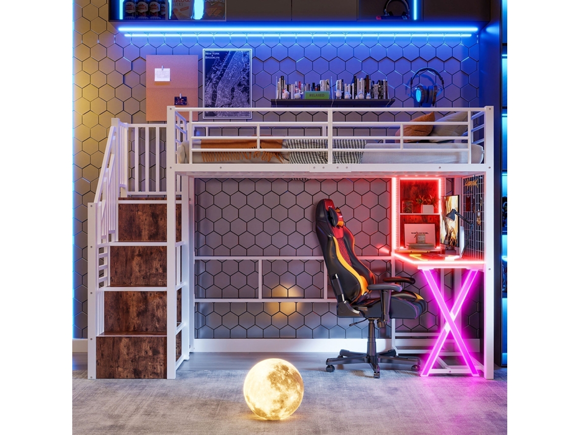 Beliche 90x200cm com led, escrivaninha, armário, prateleiras, escada com compartimentos, sem colchão branco KOMHTOM