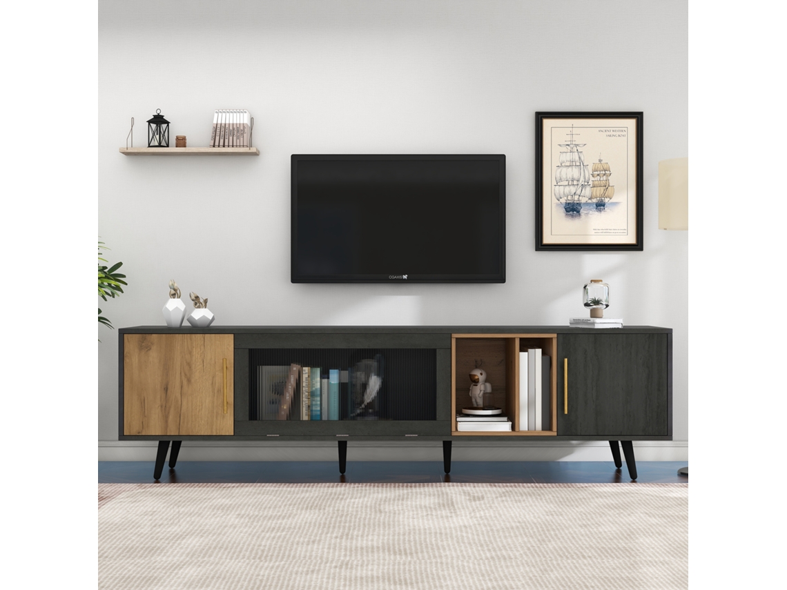 Rack De Tv Elegante 200x40x55,5cm Em Madeira Escura Com Acabamento Em Cinza,ideal Para Tv De 90 Polegadas Mega Echo Trade Shop