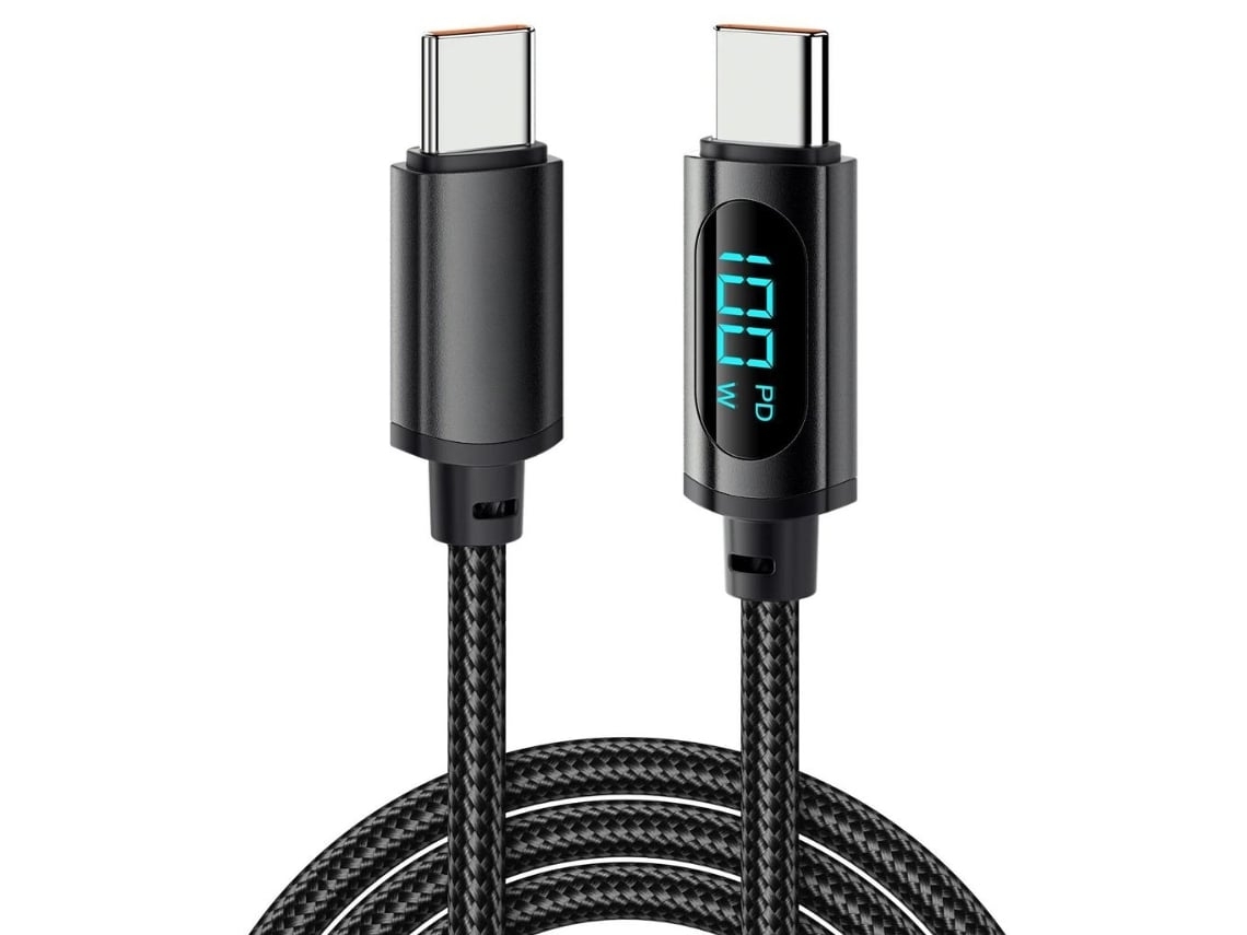 Cabo Usb Trançado Type C 100W 5A Pd Ecrã Led 100Cm Preto