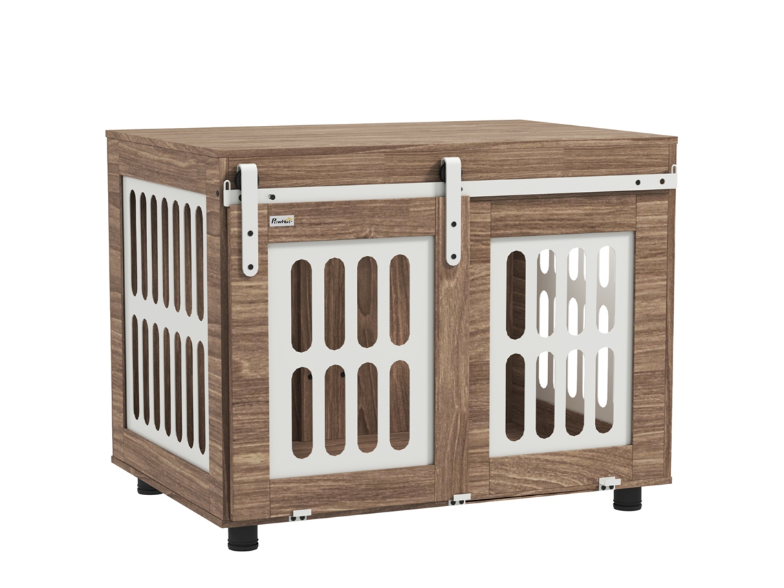 Armário De Gaiola Com Porta De Correr, Casinha Média Para Cachorro, Mesa Lateral, 80 X 59 X 63 Cm, Nogueira