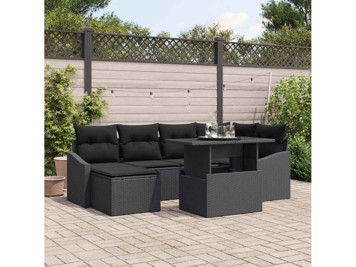 Vidaxl Conjunto De Sofá De Jardim 7 Unid. Preto Vime Pe