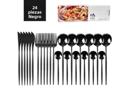 Conjunto de Talheres de Aço Inoxidável com 24 Peças, Incluindo Faca, Colher, Garfo e Talheres Prateados Estilo Ocidental. MDUG (preto)