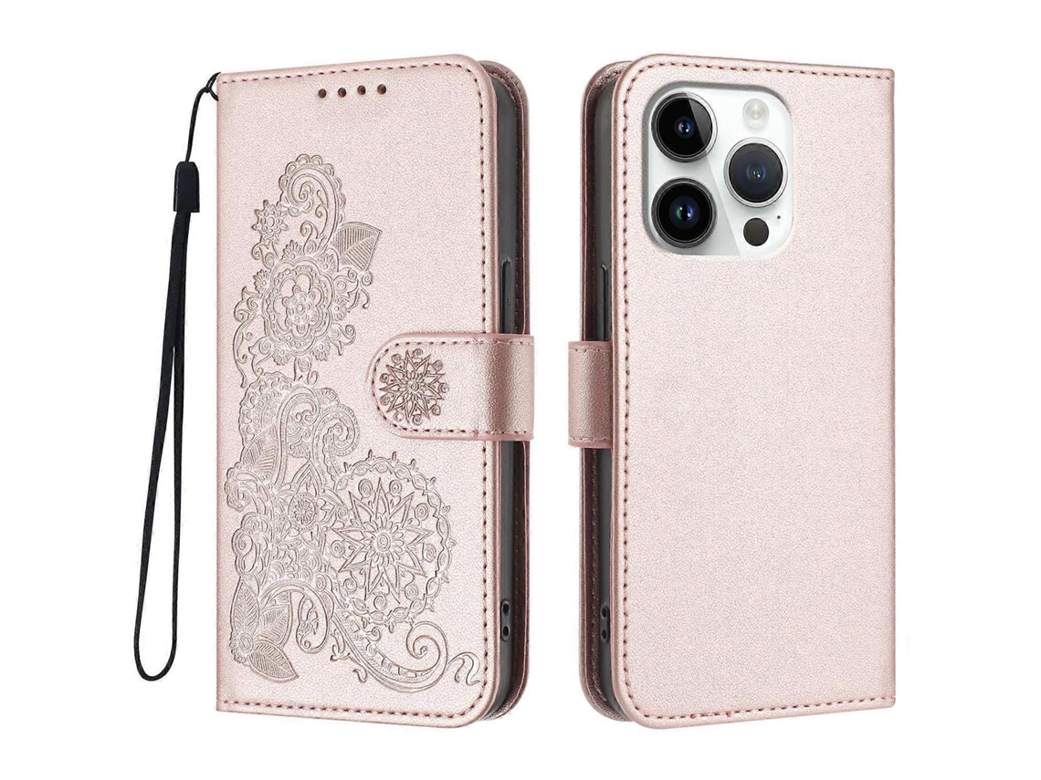 Capa De Celular Com Estampa De Mandala E Flor De Couro Para Iphone 16 Pro Com Alça