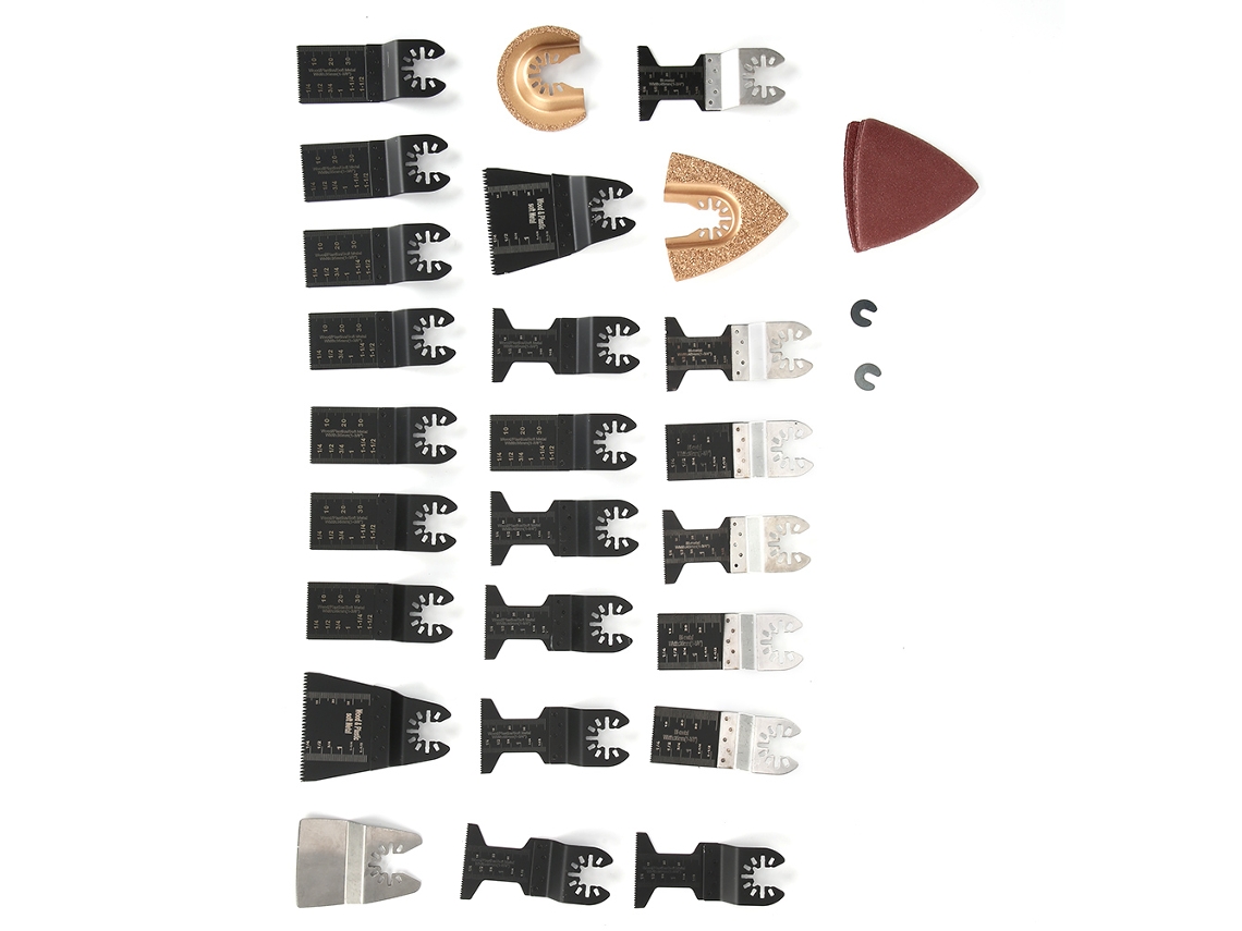 Conjunto de 32 lâminas de serra oscilante em aço carbono de alta resistência, compatíveis com a serra multifuncional Bosch Multix.