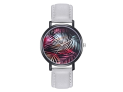 Relógio de Pulso Feminino com Padrão de Folhas Pulseira de Couro Pu Quartzo Cinza