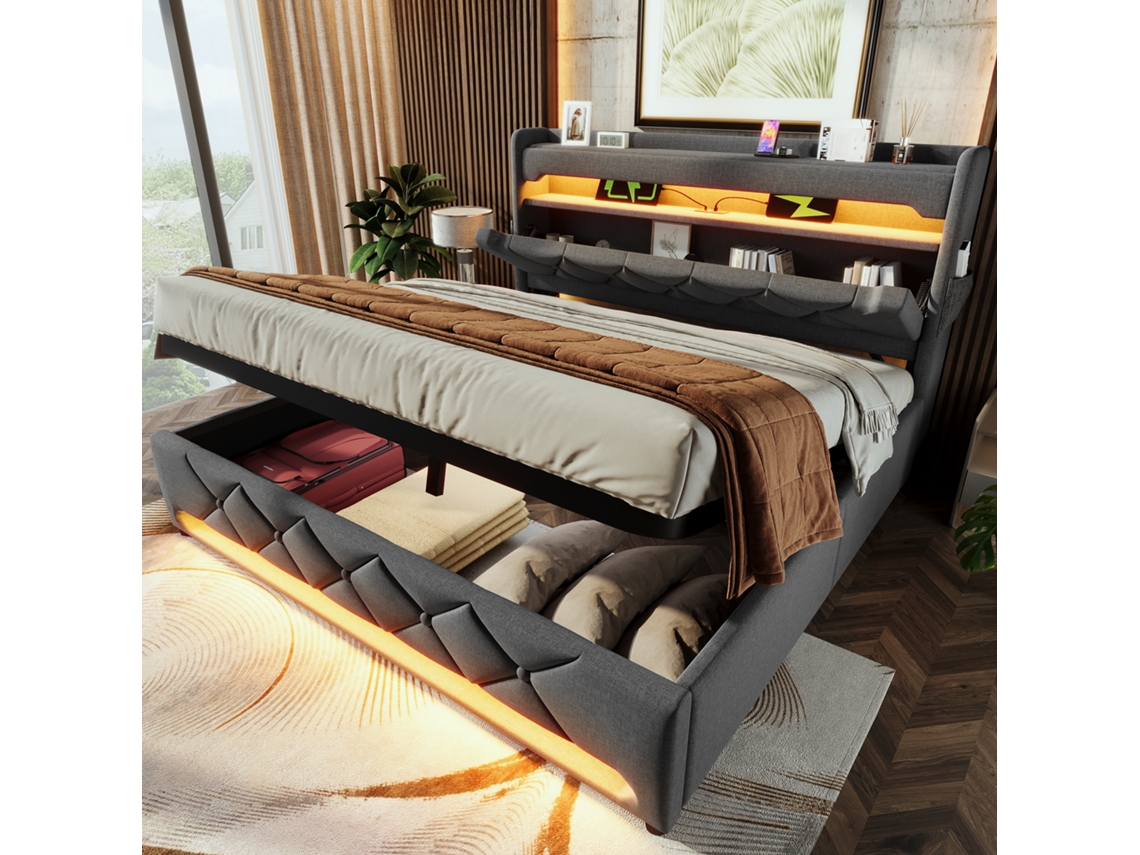 Polsterbett 180x200 Com Armário Hidráulico Usb Led Cinza Sem Colchão