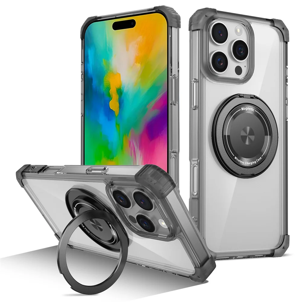 (preto, Iphone 12 Pro) Capa Magnética Para Celular Com Carregamento Sem Fio E Suporte Giratório Transparente E Invisível.