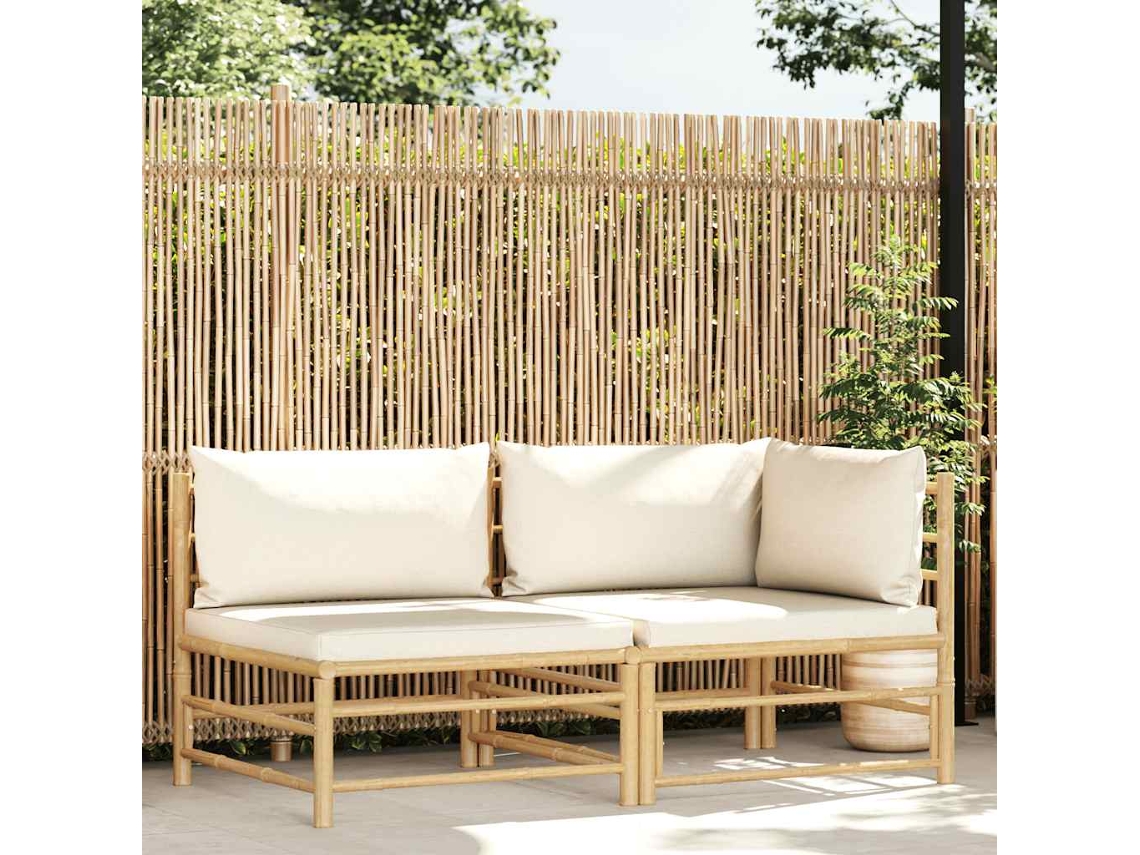 Vidaxl 2 Pcs Conj. Lounge P/ Jardim Em Bambu C/ Almofadões Branco Nata