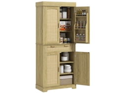 Armário de cozinha boho com 2 armários, gaveta e porta temperos, madeira e rattan, 76x40x183cm, carvalho BTFORUS