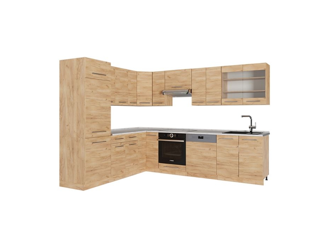 Cozinha Em Ângulo Fame Line, 227x60cm, Pt Mármore, Carvalho De Força Dourado, Carvalho De Força Dourado, Vicco