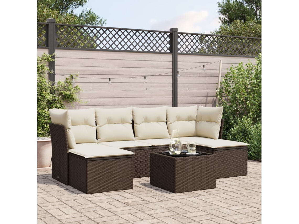 Vidaxl 7 Pcs Conjunto De Sofás Jardim C/ Almofadões Vime Pe Castanho