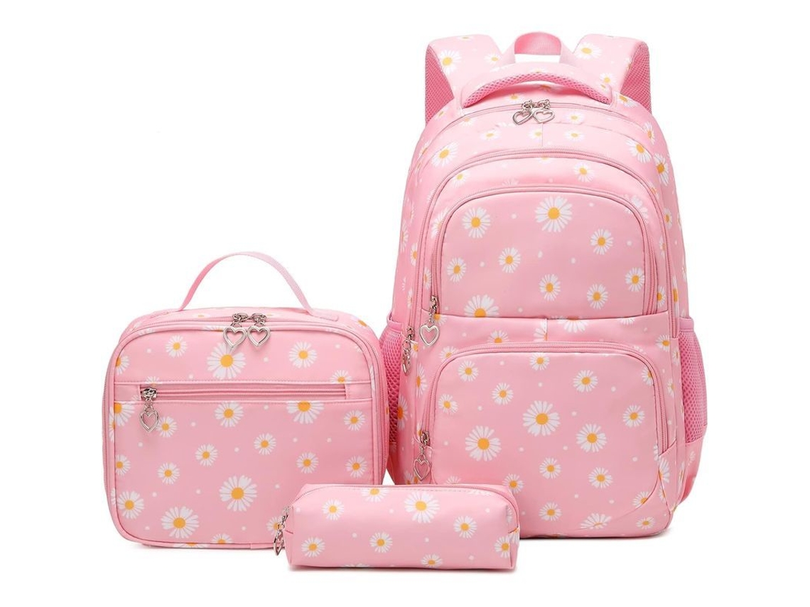 Mochila Escolar para Meninas, com Estojo de Almoço e Lápis, Margaridas, Resistente à Água | S/MARCA