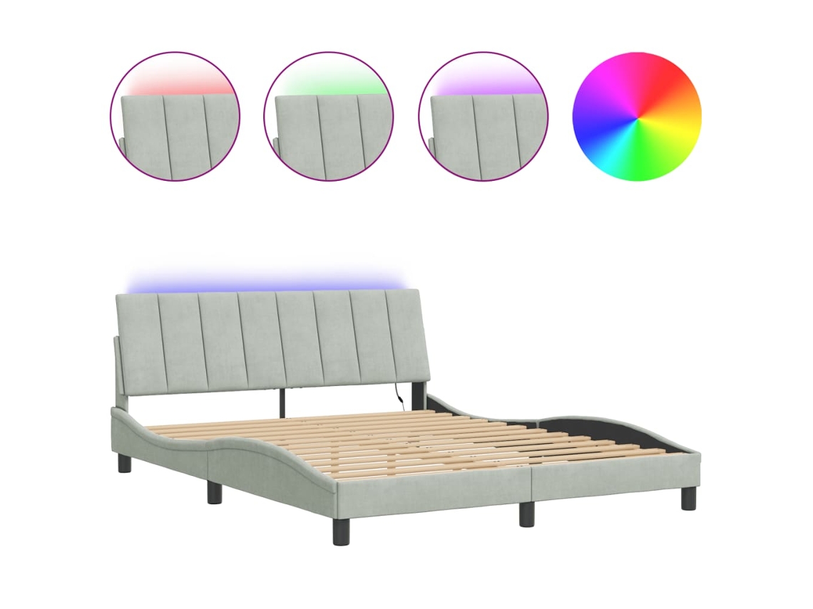 Estrutura de Cama com Led HANKO em Veludo Cinzento Claro (160x200 cm)
