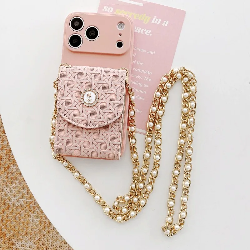 Capa Para Celular Com Carteira Em Tecido Trançado (iphone 14 Pro Rosa), Alça Transversal.