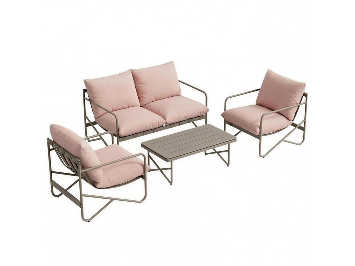 Conjunto de Jardim para 4 Pessoas: Sofá. Poltronas. Mesa. Metal. Rosa Ge